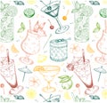 Sketch hand drawn pattern of Summer cocktails isolated on white background. Royalty Free Stock Photo