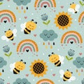 Seamless pattern with bee, sunflower, rainbow Royalty Free Stock Photo