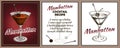 Outline drawing card of Manhattan cocktail in glass with brandied cherry isolated on red and white background. Royalty Free Stock Photo