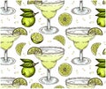 Sketch hand drawn pattern of Margarita cocktail in glass with a slice of green lime isolated on white background. Royalty Free Stock Photo