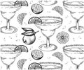 Sketch hand drawn pattern of Margarita cocktail in glass with a slice of lime isolated on white background. Royalty Free Stock Photo