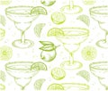 Sketch hand drawn pattern of Margarita cocktail in glass with a slice of green lime isolated on white background. Royalty Free Stock Photo