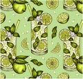 Sketch drawing pattern of Mojito cocktail in glass with fresh lime and mint leaf isolated on green background. Royalty Free Stock Photo
