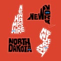 New Hampshire, New York, North Dakota, New Jersey state names distorted into state outlines. Pop art style vector.