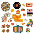 Set of isolated retro 70s 90s groovy elements, cute hippy stickers.