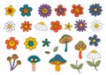 set of isolated retro flowers and mushrooms