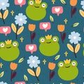 Seamless pattern hand drawing cartoon frog with flower and plant. cute animal wallpaper in blue background for textile Royalty Free Stock Photo