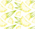 Sketch hand drawn tropical pattern with sliced yellow pineapple and green leaves isolated on transparent background. Royalty Free Stock Photo