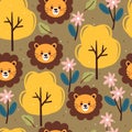 Seamless pattern hand drawing cartoon lion, flower and plant. botanical wallpaper in brown background for textile Royalty Free Stock Photo