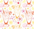 Sketch drawing pattern of Tequila Sunrise cocktail isolated on white background. Bar menu wallpaper.
