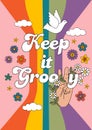 Retro poster with rainbow, flowers, sign of peace