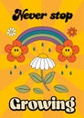 Retro poster with rainbow, flowers