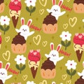 Seamless pattern cartoon bunny and dessert with brown background. cute wallpaper for kids Royalty Free Stock Photo