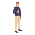 Young smiling man in Business casual cartoon character holding coffee cup