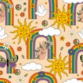 Retro Seamless Pattern With  Sun, Rainbows, Butterfly