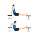 Man doing Chair. bench tricep dips exercise.