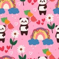 Seamless pattern cartoon panda, flower, rainbow in in pink background. cute wallpaper for textile, gift wrap paper