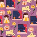 Seamless pattern cartoon girl, window, cat, in purple background. cute wallpaper for girls, gift wrap paper