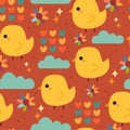 Seamless pattern cartoon chick, clouds and heart shape, cute wallpaper for fabric print, gift wrap paper Royalty Free Stock Photo