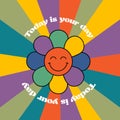 Poster with smiling flower on rainbow background