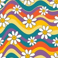 Rainbow seamless pattern with funny flowers