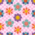 Seamless pattern with fun smiling flowers