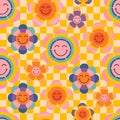 Rainbow seamless pattern with smiling rainbow flowers