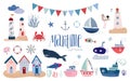 Maritime elements collection, summer vibe, doodle style Royalty Free Stock Photo