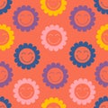 Seamless pattern with colourful smiling flowers