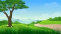 Green hills with Pathway, big tree and mountains at day time Royalty Free Stock Photo