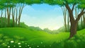 Beautiful mountain meadow cartoon landscape with trees and sunrise sky Royalty Free Stock Photo