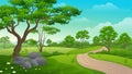 Beautiful Nature scene green hill with footpath, field and forest landscape