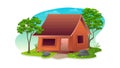 Wooden Village house with green lawns and trees Royalty Free Stock Photo