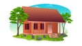 Beautiful Indonesian Traditional village house cartoon illustration