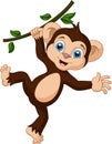 Cute little monkey cartoon hanging on tree branch Royalty Free Stock Photo