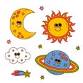 Set of isolated funny  sun, moon, planet, cloud Royalty Free Stock Photo