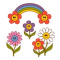 Set of isolated funny flowers and rainbow