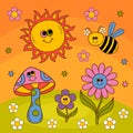 Cute poster with smiling sun, flowers, bee, mushroom