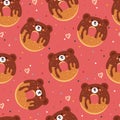 Seamless pattern cartoon chocolate doughnut bear in pink background. cute food wallpaper for kids, gift wrap paper Royalty Free Stock Photo