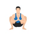 Man doing yoga, sitting in malasana garland pose. Flat vector Royalty Free Stock Photo