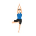 Man doing tree pose vrksasana exercise. Flat vector illustration