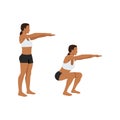 Woman doing bodyweight squat exercise. Flat vector illustration