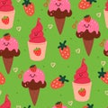 Seamless pattern cartoon dessert character with strawberry in green background. cute food wallpaper for textile, gift wrap paper Royalty Free Stock Photo