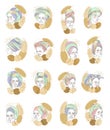 Collection. Girl head silhouettes. Lady in a turban, scarf and plant leaves. Vector illustration set.