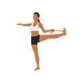 Woman doing extended hand to big toe with elastic band pose utthita hasta padangusthasana exercise.