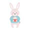 Bunny in sweater with coffee cup or Christmas drink. Merry Christmas and Happy New Year. Year of the Rabbit. Vector illustration