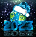 Happy 2023 New year with globe santa claus hat, vector Royalty Free Stock Photo