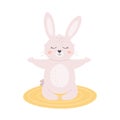 Cute white bunny meditating in lotus pose. Animal yoga, relaxation, meditation. World yoga day. Vector illustration