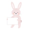 Cute white bunny holding empty banner. Rabbit with empty placard. Vector illustration