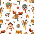 Seamless pattern with cute autumn animal faces Royalty Free Stock Photo